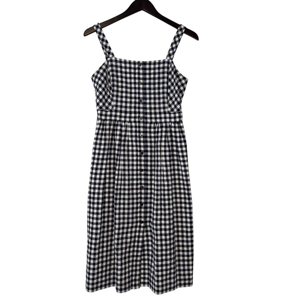Draper James Gingham Midi Dress Women's 4 Navy White Linen Blend Button Down
